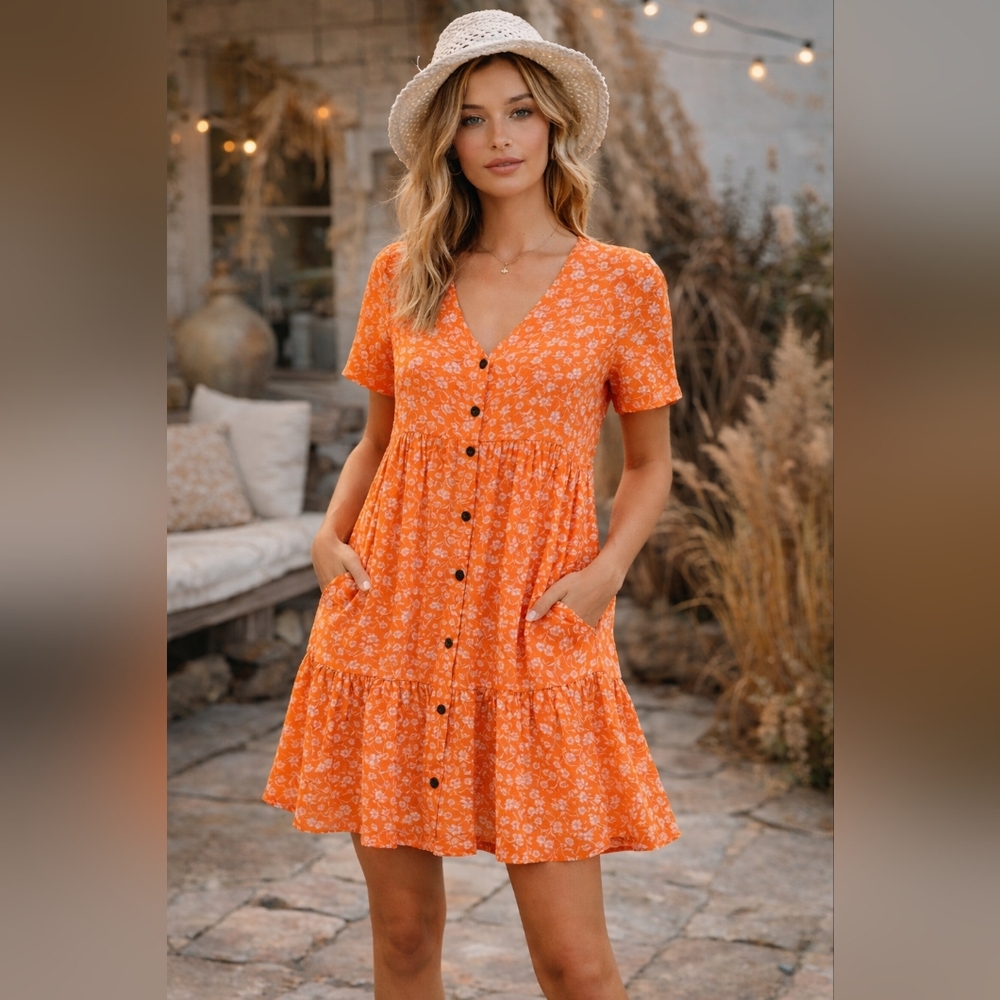 Ces Femme Orange Floral Babydoll Dress Tiered Button Front Side Pockets Size M‎